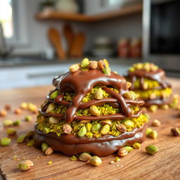 A decadent dessert featuring layers of rich chocolate and vibrant green pistachio