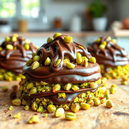 A decadent dessert featuring layers of rich chocolate and vibrant green pistachio