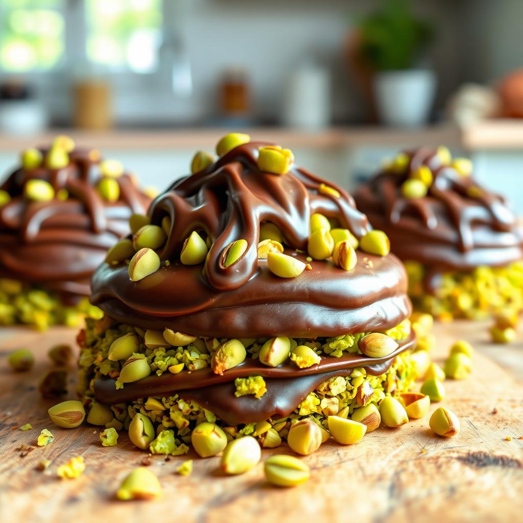 A decadent dessert featuring layers of rich chocolate and vibrant green pistachio