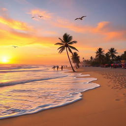 A vibrant beach scene during sunset, featuring golden sandy shores stretching into the distance