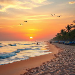 A vibrant beach scene during sunset, featuring golden sandy shores stretching into the distance