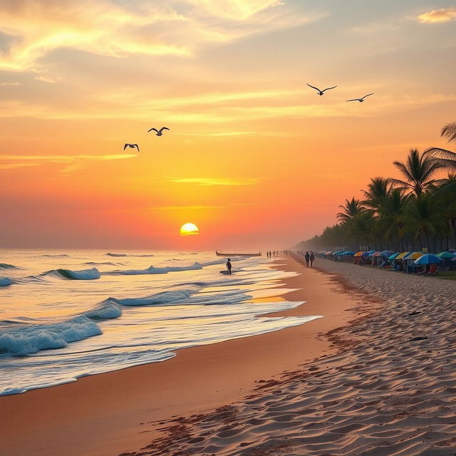 A vibrant beach scene during sunset, featuring golden sandy shores stretching into the distance