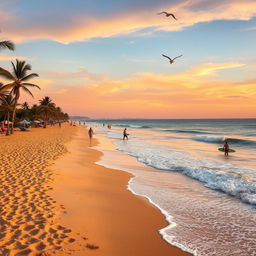 A vibrant beach scene during sunset, featuring golden sandy shores stretching into the distance