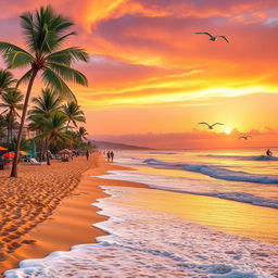 A vibrant beach scene during sunset, featuring golden sandy shores stretching into the distance