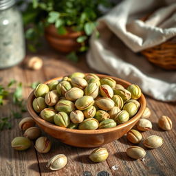 A beautifully arranged bowl of pistachio nuts, showcasing the vibrant green shells and the creamy nuts inside