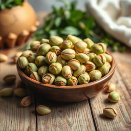 A beautifully arranged bowl of pistachio nuts, showcasing the vibrant green shells and the creamy nuts inside