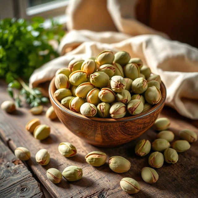 A beautifully arranged bowl of pistachio nuts, showcasing the vibrant green shells and the creamy nuts inside
