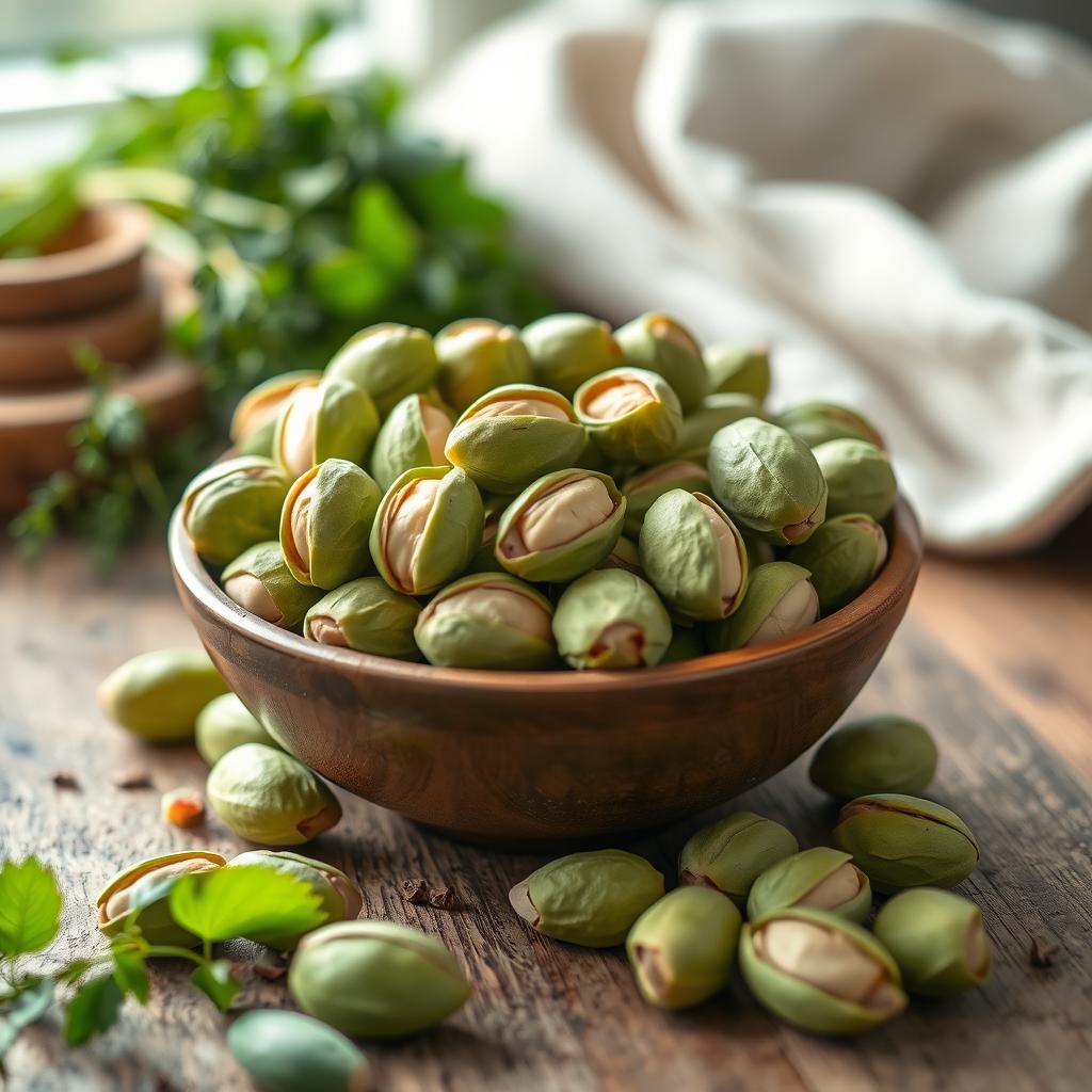 A beautifully arranged bowl of pistachio nuts, showcasing the vibrant green shells and the creamy nuts inside