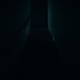 A dark staircase illuminated by flickering lights, creating an atmosphere of suspense and tension