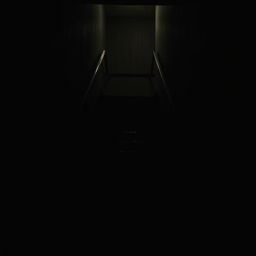 A dark staircase illuminated by flickering lights, creating an atmosphere of suspense and tension