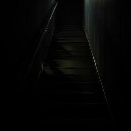 A dark staircase illuminated by flickering lights, creating an atmosphere of suspense and tension