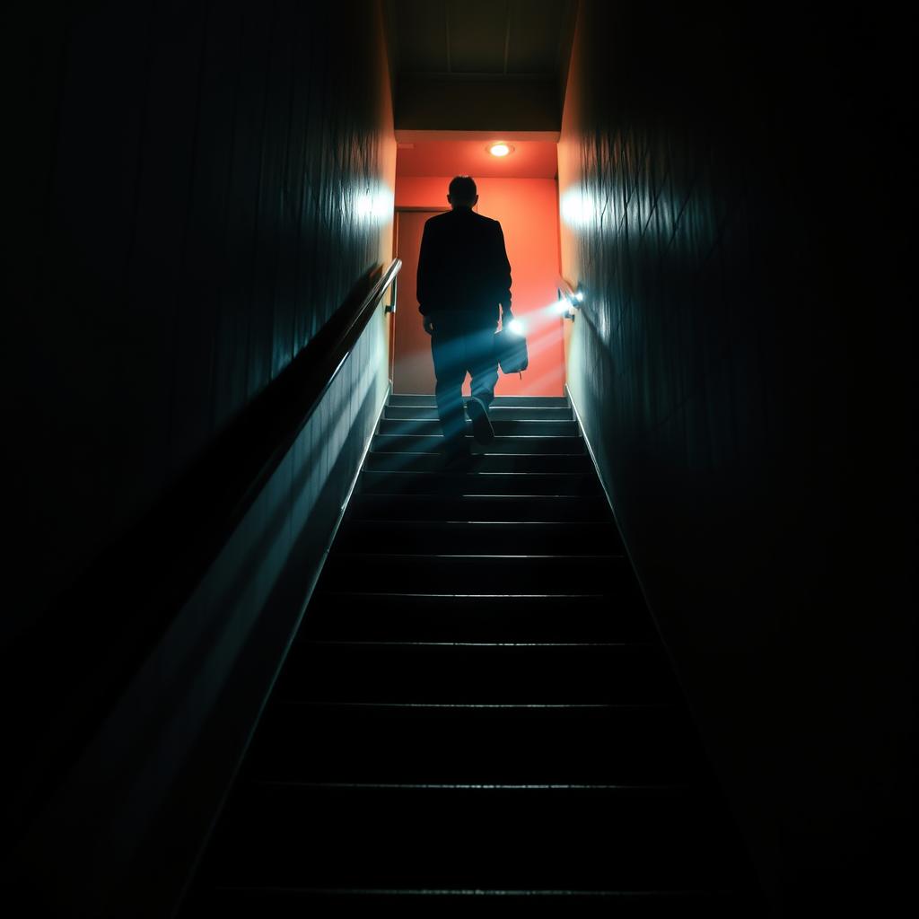 A dark staircase illuminated by flickering lights, creating an atmosphere of suspense and tension