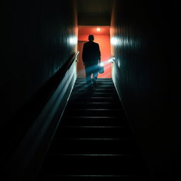 A dark staircase illuminated by flickering lights, creating an atmosphere of suspense and tension