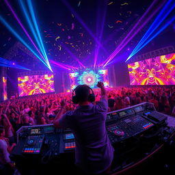 A dynamic and energetic DJ performing at a lively music festival