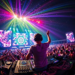 A dynamic and energetic DJ performing at a lively music festival