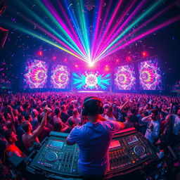 A dynamic and energetic DJ performing at a lively music festival