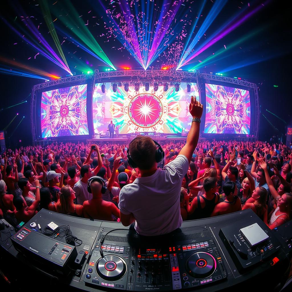 A dynamic and energetic DJ performing at a lively music festival
