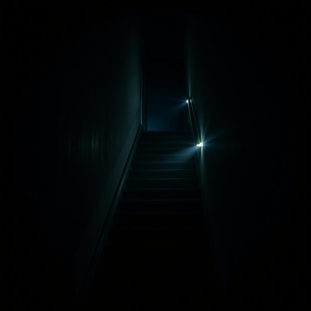A dimly lit attic staircase with flickering lights creating an enchanting yet eerie atmosphere