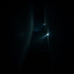 A dimly lit attic staircase with flickering lights creating an enchanting yet eerie atmosphere