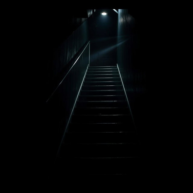 A dimly lit attic staircase with flickering lights creating an enchanting yet eerie atmosphere