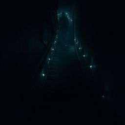 A dimly lit attic staircase with flickering lights creating an enchanting yet eerie atmosphere