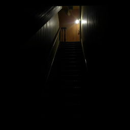 A dimly lit attic staircase with flickering lights creating an enchanting yet eerie atmosphere
