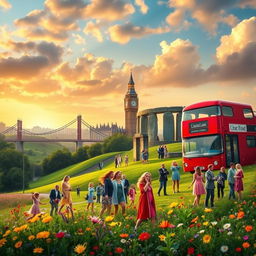 A mystical and enchanting representation of the United Kingdom, featuring iconic landmarks like the Tower Bridge, Big Ben, and Stonehenge
