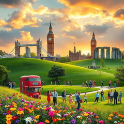 A mystical and enchanting representation of the United Kingdom, featuring iconic landmarks like the Tower Bridge, Big Ben, and Stonehenge