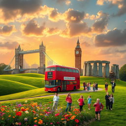 A mystical and enchanting representation of the United Kingdom, featuring iconic landmarks like the Tower Bridge, Big Ben, and Stonehenge