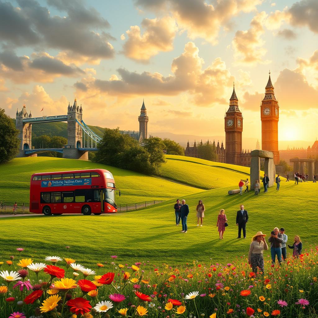A mystical and enchanting representation of the United Kingdom, featuring iconic landmarks like the Tower Bridge, Big Ben, and Stonehenge