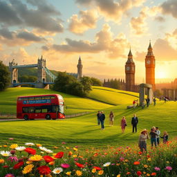 A mystical and enchanting representation of the United Kingdom, featuring iconic landmarks like the Tower Bridge, Big Ben, and Stonehenge