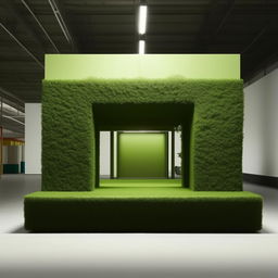 A 6x3.60 meters green podium made of furniture, with the entrance on its longest side, standing at a height of 1.60 meters