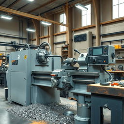 A highly detailed and realistic depiction of a modern lathe machine with a focus on its intricacies, showcasing the cutting tools, bed, tailstock, and control panel