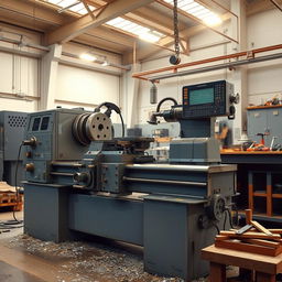 A highly detailed and realistic depiction of a modern lathe machine with a focus on its intricacies, showcasing the cutting tools, bed, tailstock, and control panel