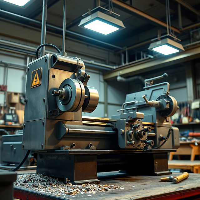 A highly detailed and realistic depiction of a modern lathe machine with a focus on its intricacies, showcasing the cutting tools, bed, tailstock, and control panel