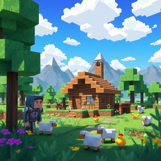A vibrant Minecraft landscape showcasing a lush green biome with blocky trees and colorful flowers