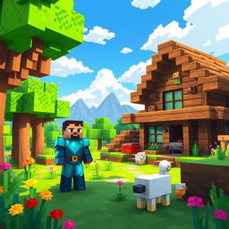A vibrant Minecraft landscape showcasing a lush green biome with blocky trees and colorful flowers