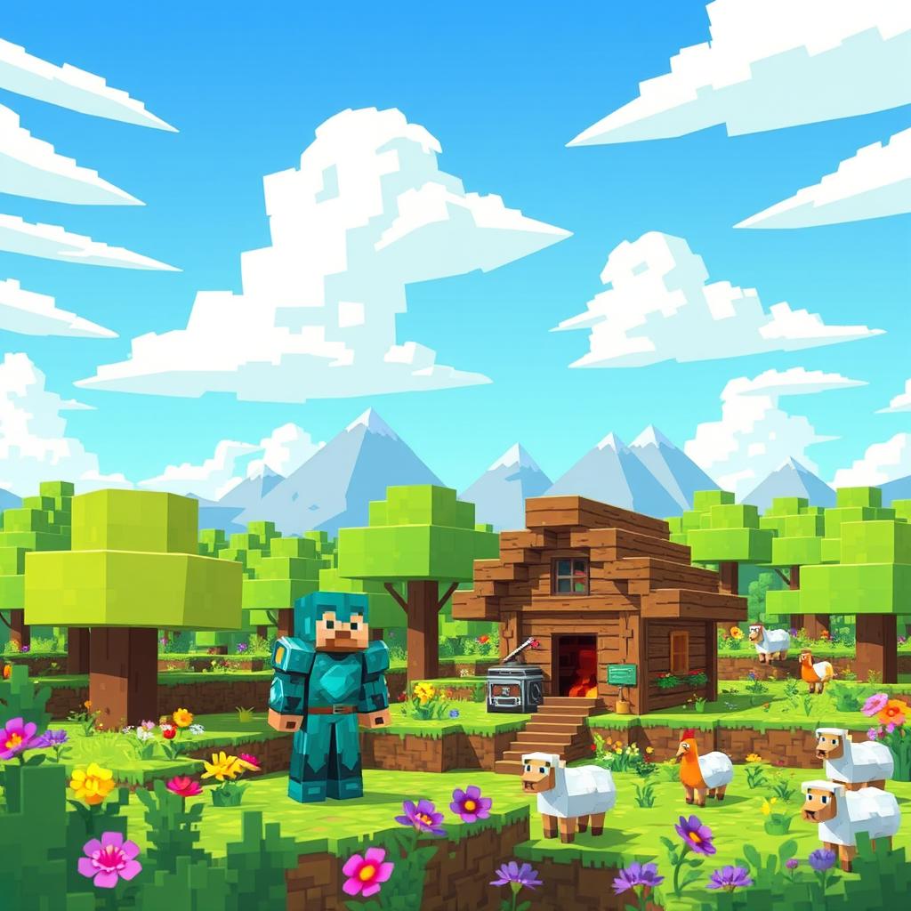 A vibrant Minecraft landscape showcasing a lush green biome with blocky trees and colorful flowers