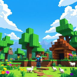 A vibrant Minecraft landscape showcasing a lush green biome with blocky trees and colorful flowers