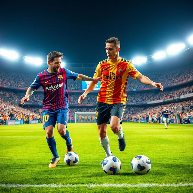 A dynamic and spirited scene of Lionel Messi and Cristiano Ronaldo playing soccer together as teammates, showcasing their exceptional skills on the field