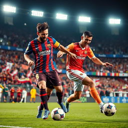 A dynamic and spirited scene of Lionel Messi and Cristiano Ronaldo playing soccer together as teammates, showcasing their exceptional skills on the field