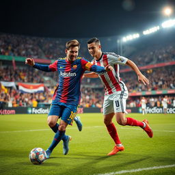 A dynamic and spirited scene of Lionel Messi and Cristiano Ronaldo playing soccer together as teammates, showcasing their exceptional skills on the field
