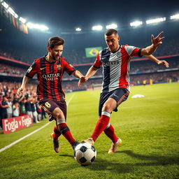 A dynamic and spirited scene of Lionel Messi and Cristiano Ronaldo playing soccer together as teammates, showcasing their exceptional skills on the field