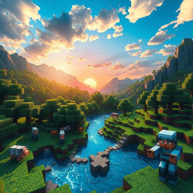 A realistic depiction of a Minecraft landscape featuring lush greenery, detailed block textures, and vibrant colors