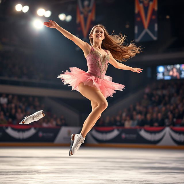 An exhilarating image of a female ice skater performing a graceful routine on an illuminated ice rink