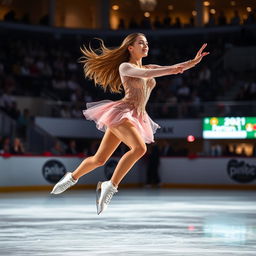 An exhilarating image of a female ice skater performing a graceful routine on an illuminated ice rink