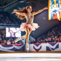 An exhilarating image of a female ice skater performing a graceful routine on an illuminated ice rink
