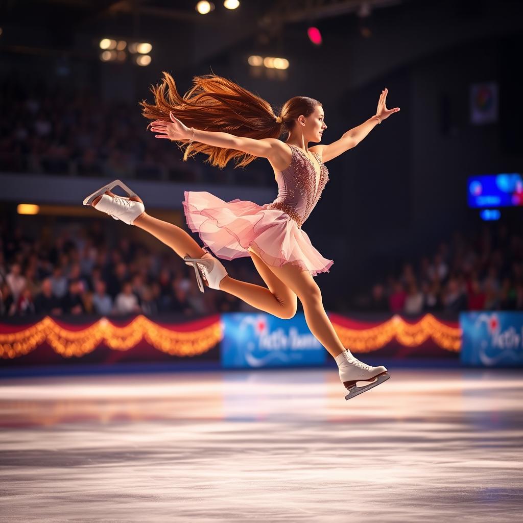 An exhilarating image of a female ice skater performing a graceful routine on an illuminated ice rink