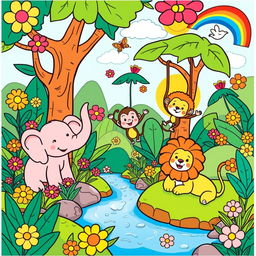 A whimsical and colorful illustration suitable for a children's coloring book, featuring playful animals like a smiling elephant, a joyful monkey swinging on a tree, and a cheerful lion lounging in the sun