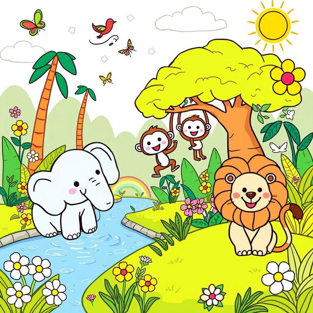 A whimsical and colorful illustration suitable for a children's coloring book, featuring playful animals like a smiling elephant, a joyful monkey swinging on a tree, and a cheerful lion lounging in the sun